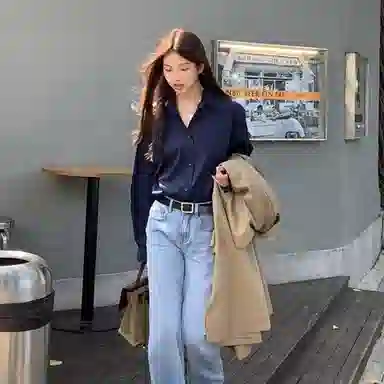 木清清 纯色翻领落肩长袖衬衫 女款 深蓝