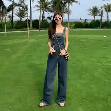 木清清 做旧休闲高腰宽松直筒背带裤 女款 复古蓝