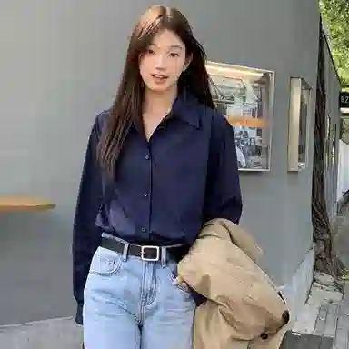木清清 纯色翻领落肩长袖衬衫 女款 深蓝