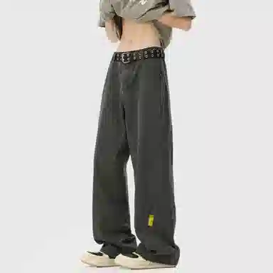 普鲁士多特蒙德 美式高街风纯色基础款水洗纯棉日系工装宽松拼接直筒阔腿休闲裤 男女同款