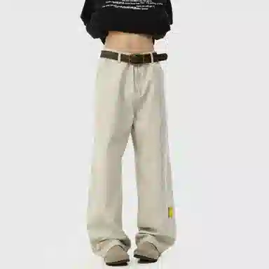 普鲁士多特蒙德 美式高街风纯色基础款水洗纯棉日系工装宽松拼接直筒阔腿休闲裤 男女同款