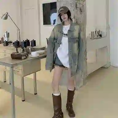 莫代尔 重工水洗复古中长宽松廓形牛仔外套 女款 做旧脏脏