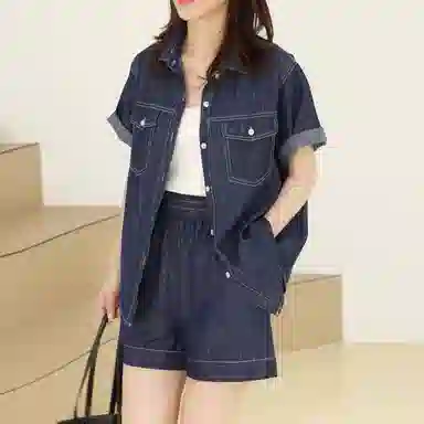 莫代尔 百搭优雅通勤短袖纯色百搭时尚衬衫套装 女款 深蓝