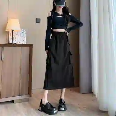 莫代尔 美式复古开叉工装裙高腰显瘦中长款半身裙春秋 休闲长裙  女款