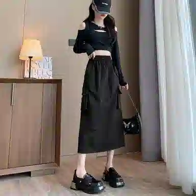 莫代尔 美式复古开叉工装裙高腰显瘦中长款半身裙春秋 休闲长裙  女款