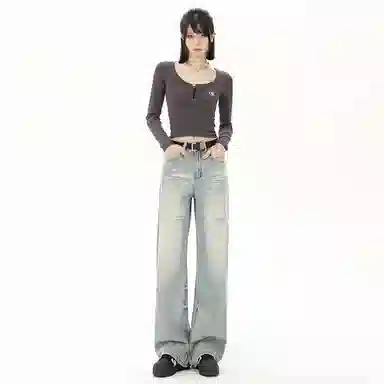 莫代尔 高街水洗破洞宽松阔腿长裤牛仔裤 女款 复古蓝