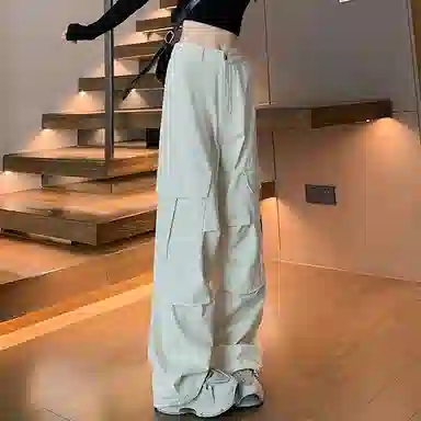 莫代尔 美式通勤纯色高腰宽松工装裤 女