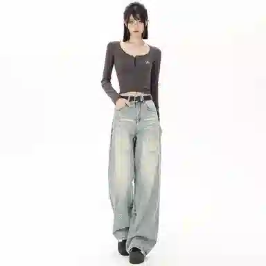 莫代尔 高街水洗破洞宽松阔腿长裤牛仔裤 女款 复古蓝