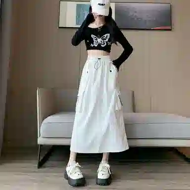 莫代尔 美式复古开叉工装裙高腰显瘦中长款半身裙春秋 休闲长裙  女款