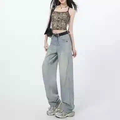 莫代尔 镰刀裁剪阔腿神裤~宽松现货显高阔腿拖地裤长裤加长牛仔裤 女款