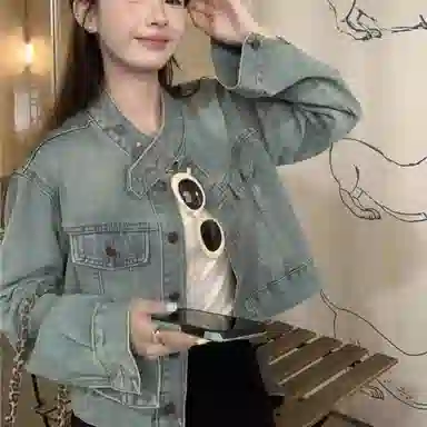 莫代尔 韩版百搭立领宽松做旧长袖牛仔外套 女款 浅蓝色