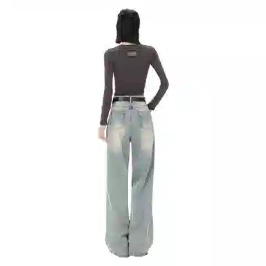 莫代尔 高街水洗破洞宽松阔腿长裤牛仔裤 女款 复古蓝