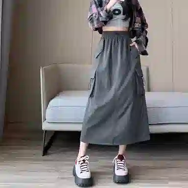 莫代尔 美式复古开叉工装裙高腰显瘦中长款半身裙春秋 休闲长裙  女款