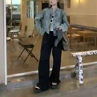 莫代尔 韩版百搭立领宽松做旧长袖牛仔外套 女款 浅蓝色