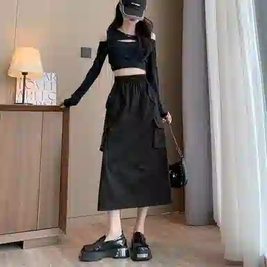 莫代尔 美式复古开叉工装裙高腰显瘦中长款半身裙春秋 休闲长裙  女款