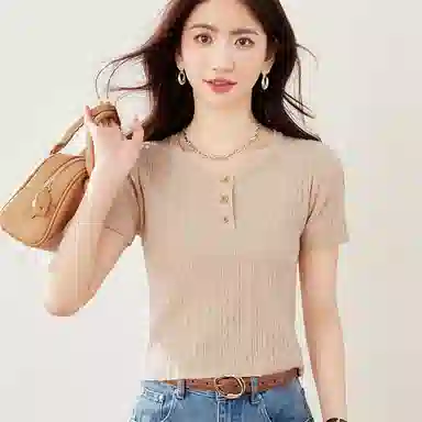 莫代尔 短袖短款圆领韩版半开领纯色套头小款女针织衫 女款