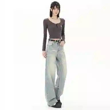 莫代尔 高街水洗破洞宽松阔腿长裤牛仔裤 女款 复古蓝