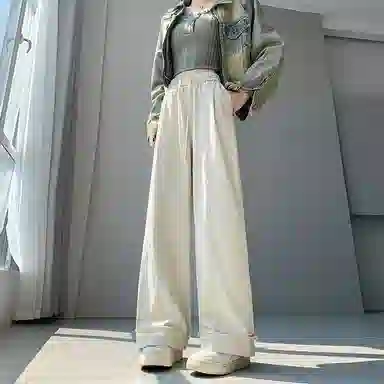 莫代尔 阔腿高腰大裤脚九分裤休闲裤 女