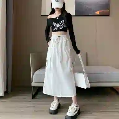 莫代尔 美式复古开叉工装裙高腰显瘦中长款半身裙春秋 休闲长裙  女款