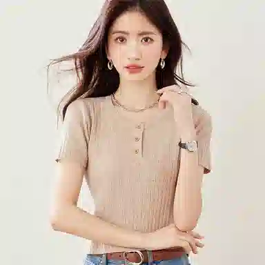 莫代尔 短袖短款圆领韩版半开领纯色套头小款女针织衫 女款