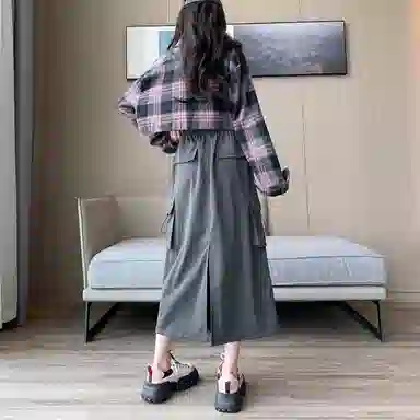 莫代尔 美式复古开叉工装裙高腰显瘦中长款半身裙春秋 休闲长裙  女款