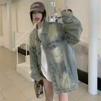 莫代尔 重工水洗复古中长宽松廓形牛仔外套 女款 做旧脏脏