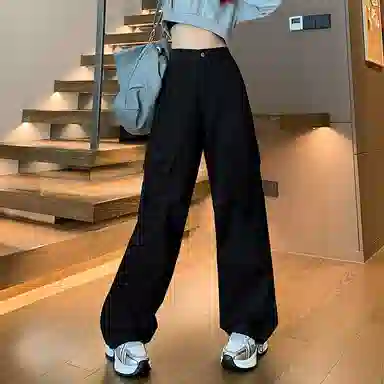 莫代尔 美式通勤纯色高腰宽松工装裤 女