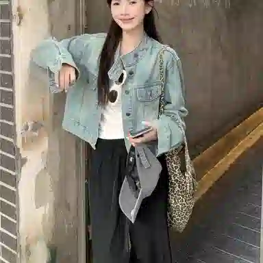 莫代尔 韩版百搭立领宽松做旧长袖牛仔外套 女款 浅蓝色