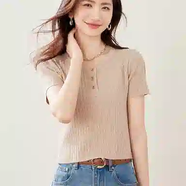 莫代尔 短袖短款圆领韩版半开领纯色套头小款女针织衫 女款