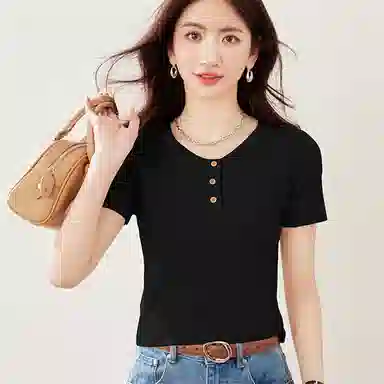 莫代尔 短袖短款圆领韩版半开领纯色套头小款女针织衫 女款