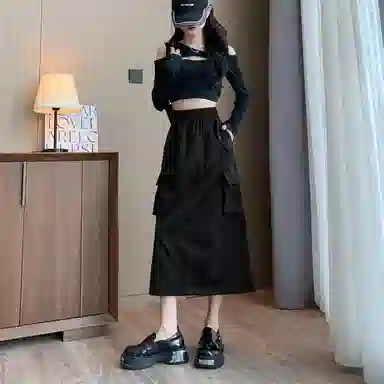 莫代尔 美式复古开叉工装裙高腰显瘦中长款半身裙春秋 休闲长裙  女款