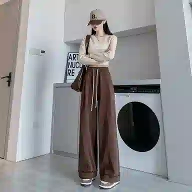 莫代尔 阔腿高腰大裤脚九分裤休闲裤 女