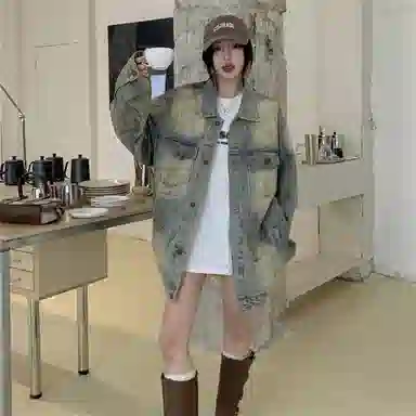 莫代尔 重工水洗复古中长宽松廓形牛仔外套 女款 做旧脏脏