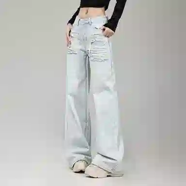 莫代尔 小个子低腰水洗磨破美式复古做旧直筒拖地牛仔裤 女款 浅蓝色