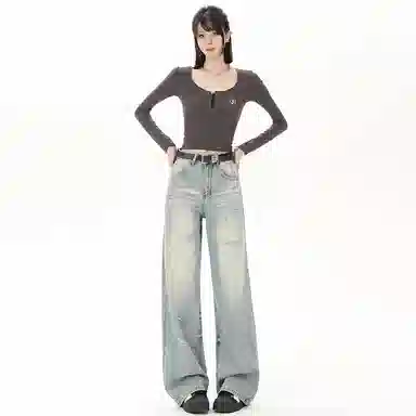 莫代尔 高街水洗破洞宽松阔腿长裤牛仔裤 女款 复古蓝