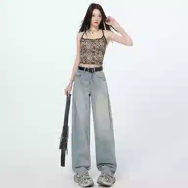 莫代尔 镰刀裁剪阔腿神裤~宽松现货显高阔腿拖地裤长裤加长牛仔裤 女款