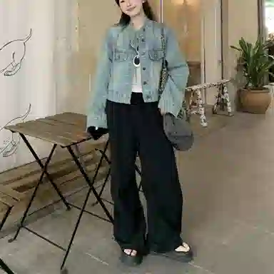 莫代尔 韩版百搭立领宽松做旧长袖牛仔外套 女款 浅蓝色