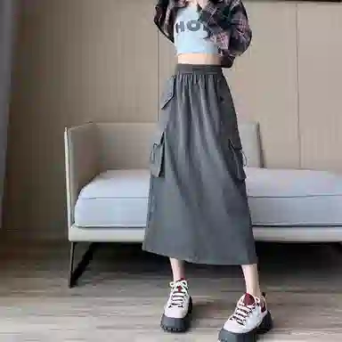 莫代尔 美式复古开叉工装裙高腰显瘦中长款半身裙春秋 休闲长裙  女款