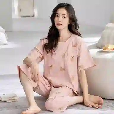 细舍 薄款休闲舒适短袖七分裤家居服睡衣套装 女款 粉红色