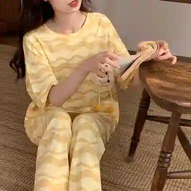 细舍 卡通可爱短袖简约薄款家居服睡衣套装 女款 黄色