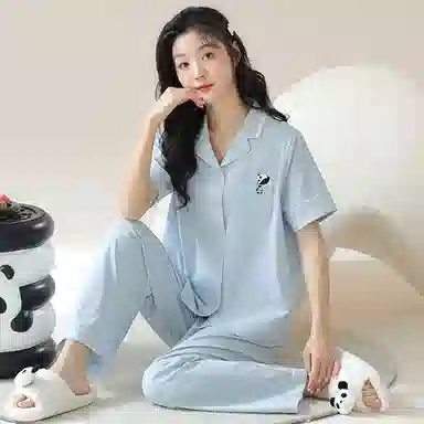 细舍 凉感舒适短袖上衣家居服长裤睡衣套装 女款 蓝色