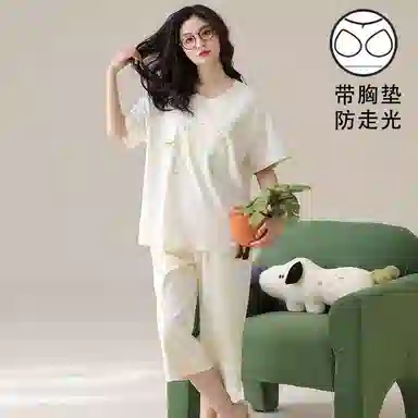 细舍 带胸垫可外穿纯棉圆领短袖七分裤家居服睡衣套装 女款 米白色