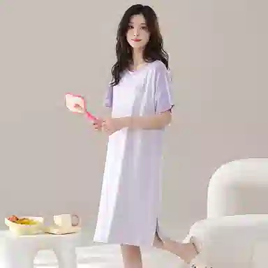 细舍 简约休闲舒适亲肤透气短袖家居服可外穿睡裙 女款 浅紫色
