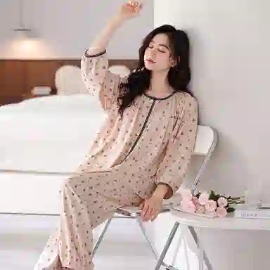 细舍 休闲舒适亲肤长袖长裤睡衣套装 女款 粉红色
