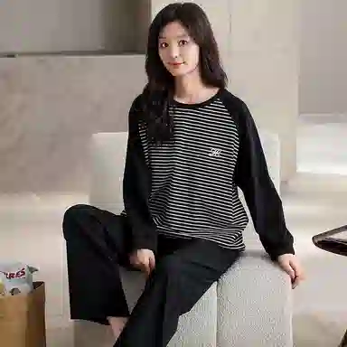 细舍 长袖条纹简约休闲可外穿家居服睡衣套装 女款 黑色