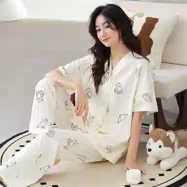 细舍 简约休闲短袖上衣家居服长裤睡衣套装 女款 浅黄色