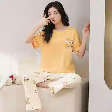 细舍 纯棉短袖长裤圆领套头可爱卡通家居服睡衣套装 女款 黄色