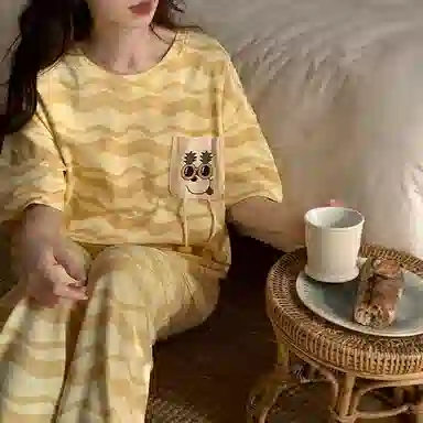 细舍 卡通可爱短袖简约薄款家居服睡衣套装 女款 黄色