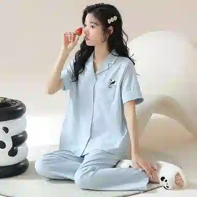 细舍 凉感舒适短袖上衣家居服长裤睡衣套装 女款 蓝色