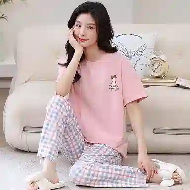 细舍 简约时尚短袖长裤可外穿休闲甜美睡衣套装 女款 粉红色